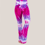 Pink and purple tie dye yoga pants with a fold over waistband by Akasha Sun