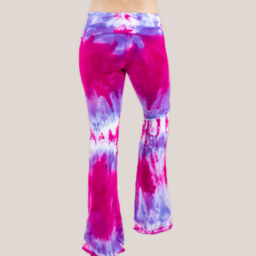 Pink and purple tie dye yoga pants with a fold over waistband by Akasha Sun