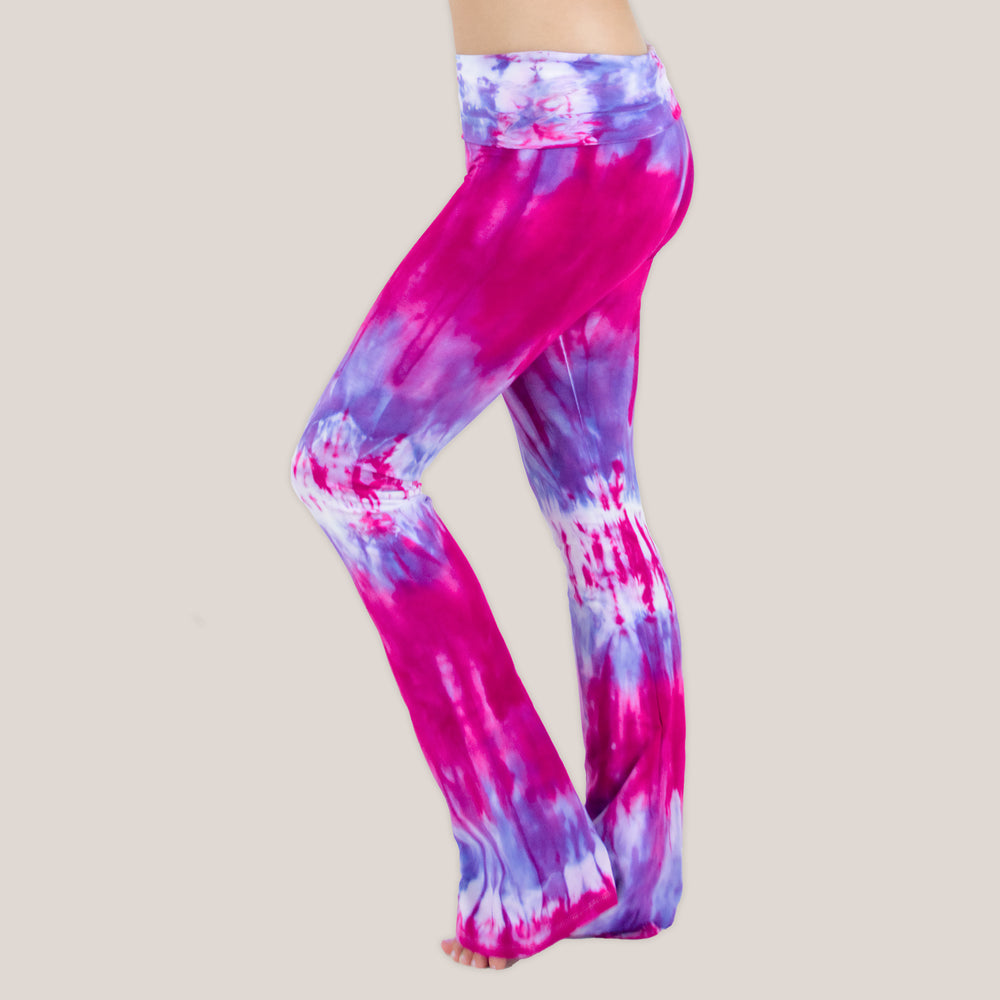 Pink and purple tie dye yoga pants with a fold over waistband by Akasha Sun