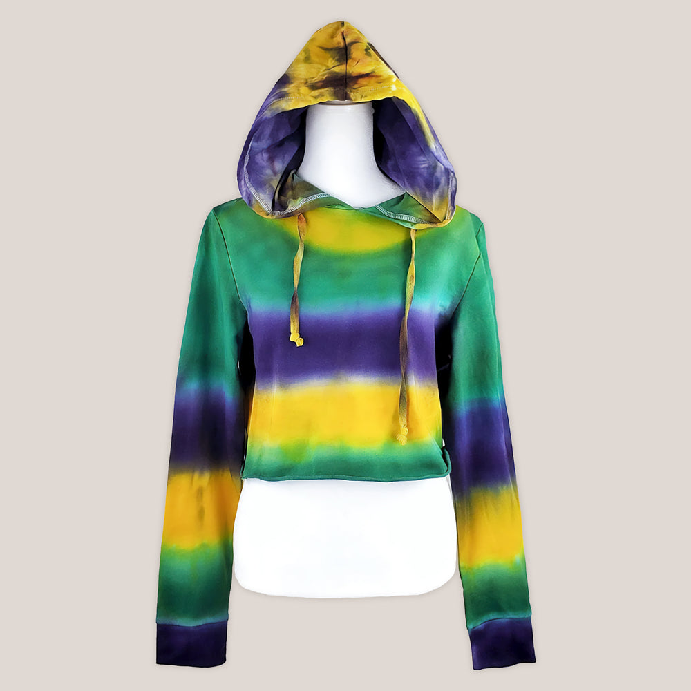 Green, purple, and gold tie dye hoodie crop top by Akasha Sun