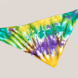 A dog modeling a tie dye dog bandana in Mardi Gras colors of yellow, green, and purple by Akasha Sun