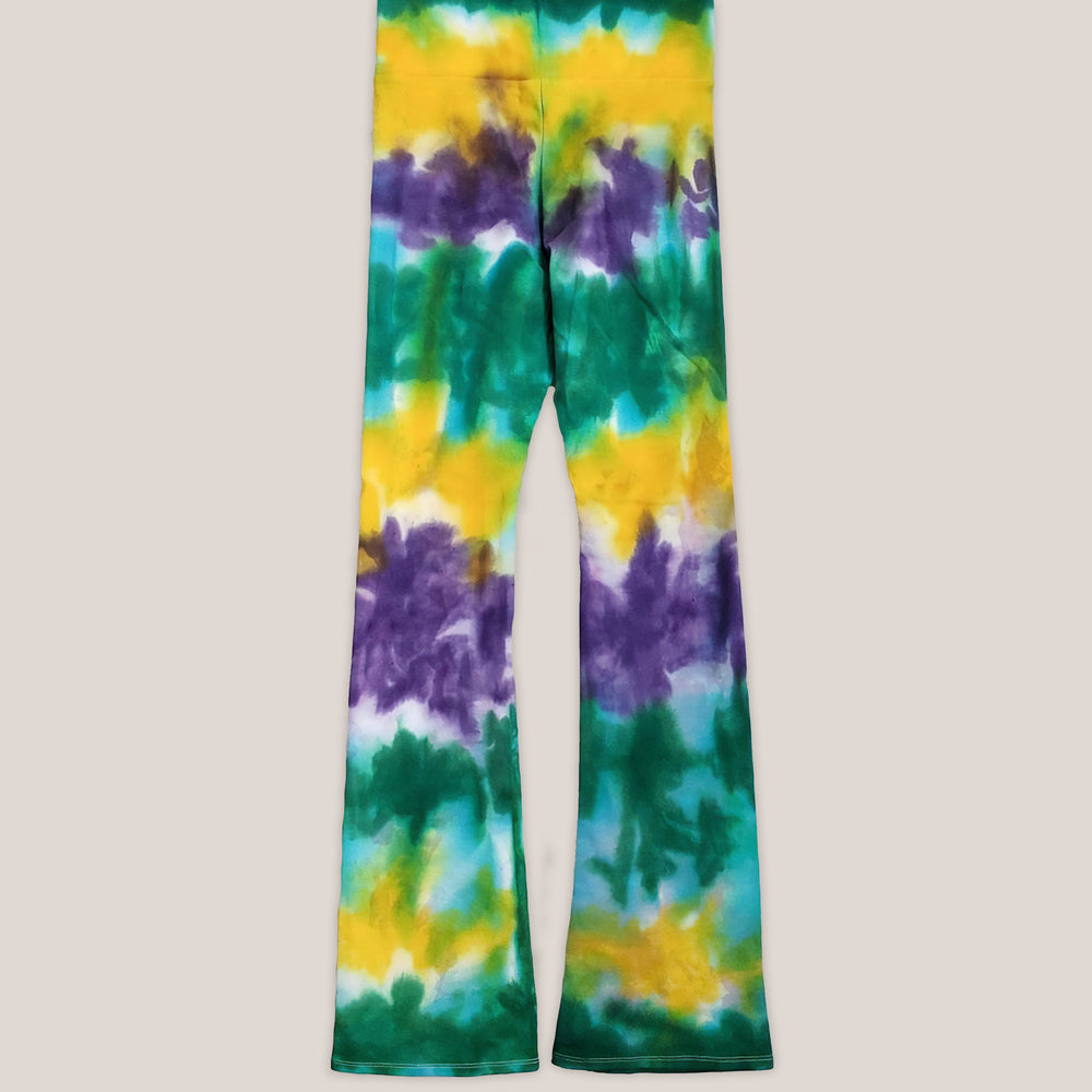 Mardi Gras tie dye yoga pants with wide waistband by Akasha Sun