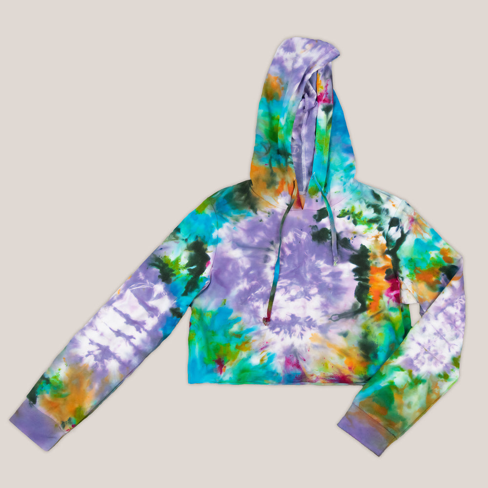 Rainbow tie dye hoodie crop top with a hood and drawstrings by Akasha Sun