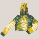 Gold and green tie dye hoodie crop top with a hood and drawstrings by Akasha Sun.