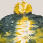 Gold and green tie dye hoodie crop top with a hood and drawstrings by Akasha Sun.