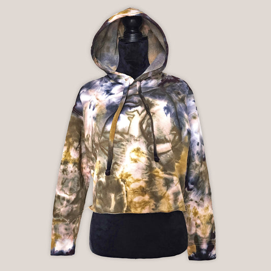 Tie-dye hoodie with a gradient of colors on a plain background