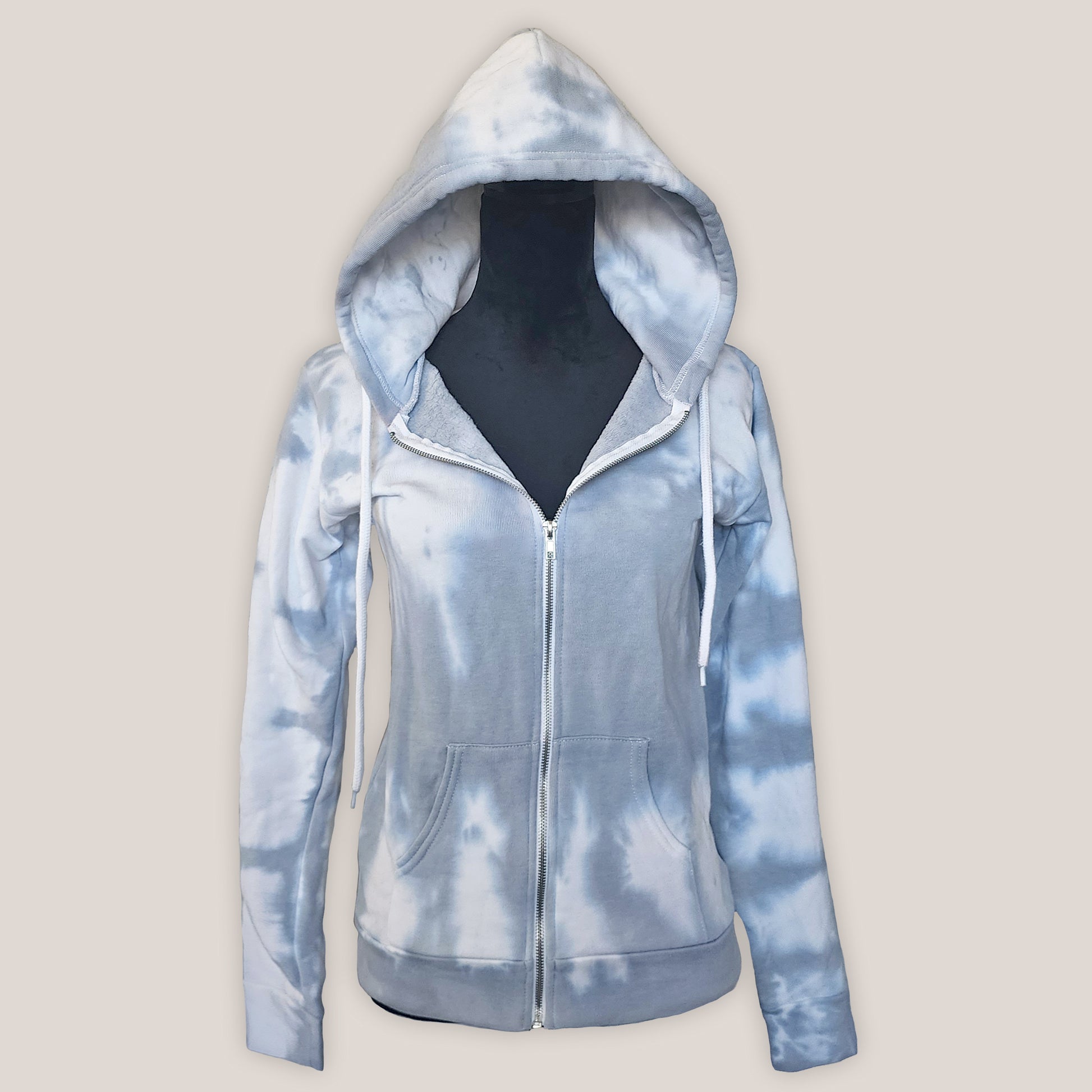 Gray tie-dye hoodie zip up on a mannequin against a plain background