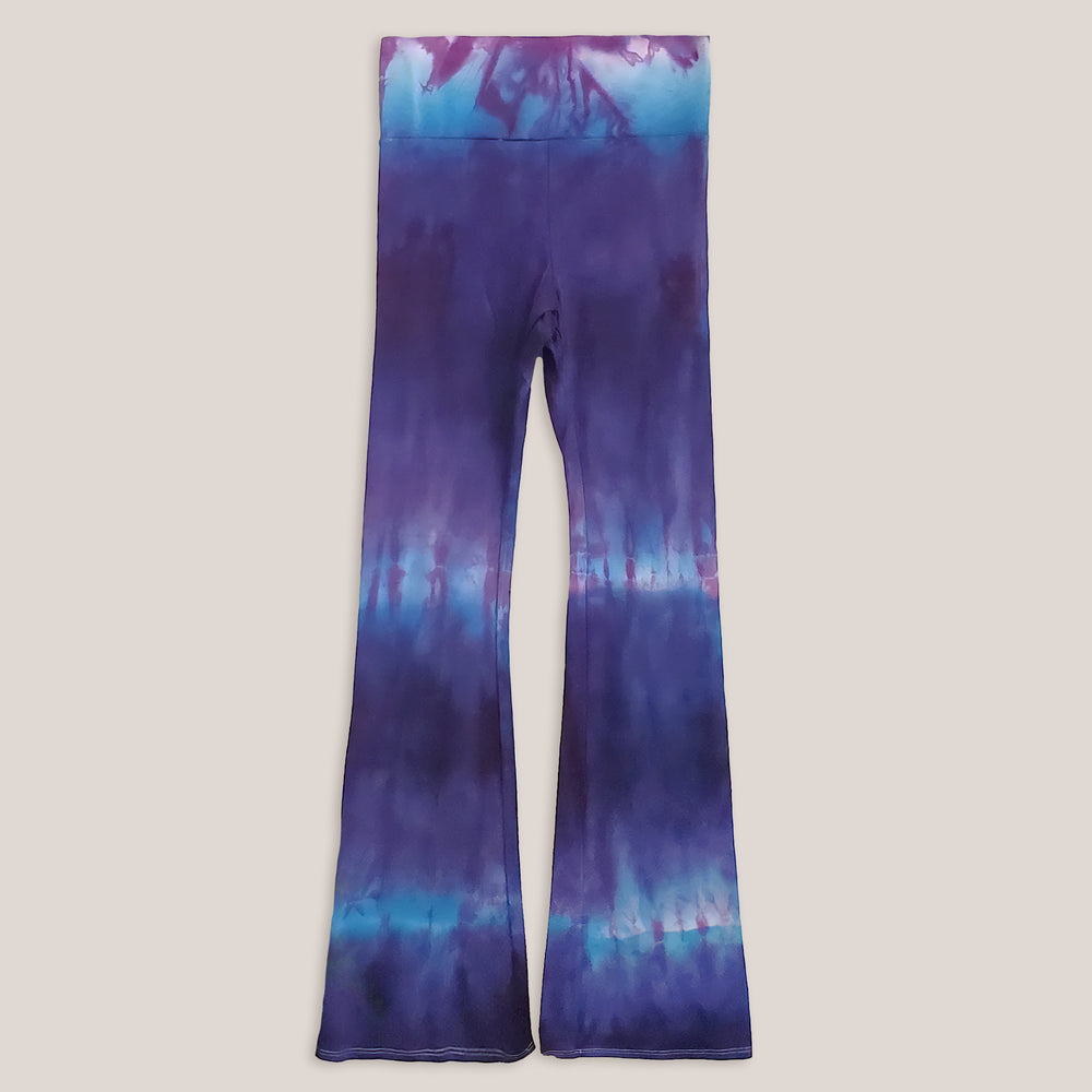 Purple and blue tie dye yoga pants with wide waistband by Akasha Sun