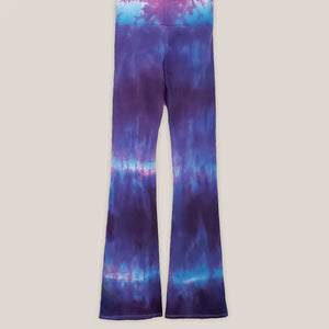 Purple and blue tie dye yoga pants with wide waistband by Akasha Sun