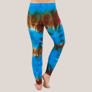 Blue and copper tie dye leggings by Akasha Sun.