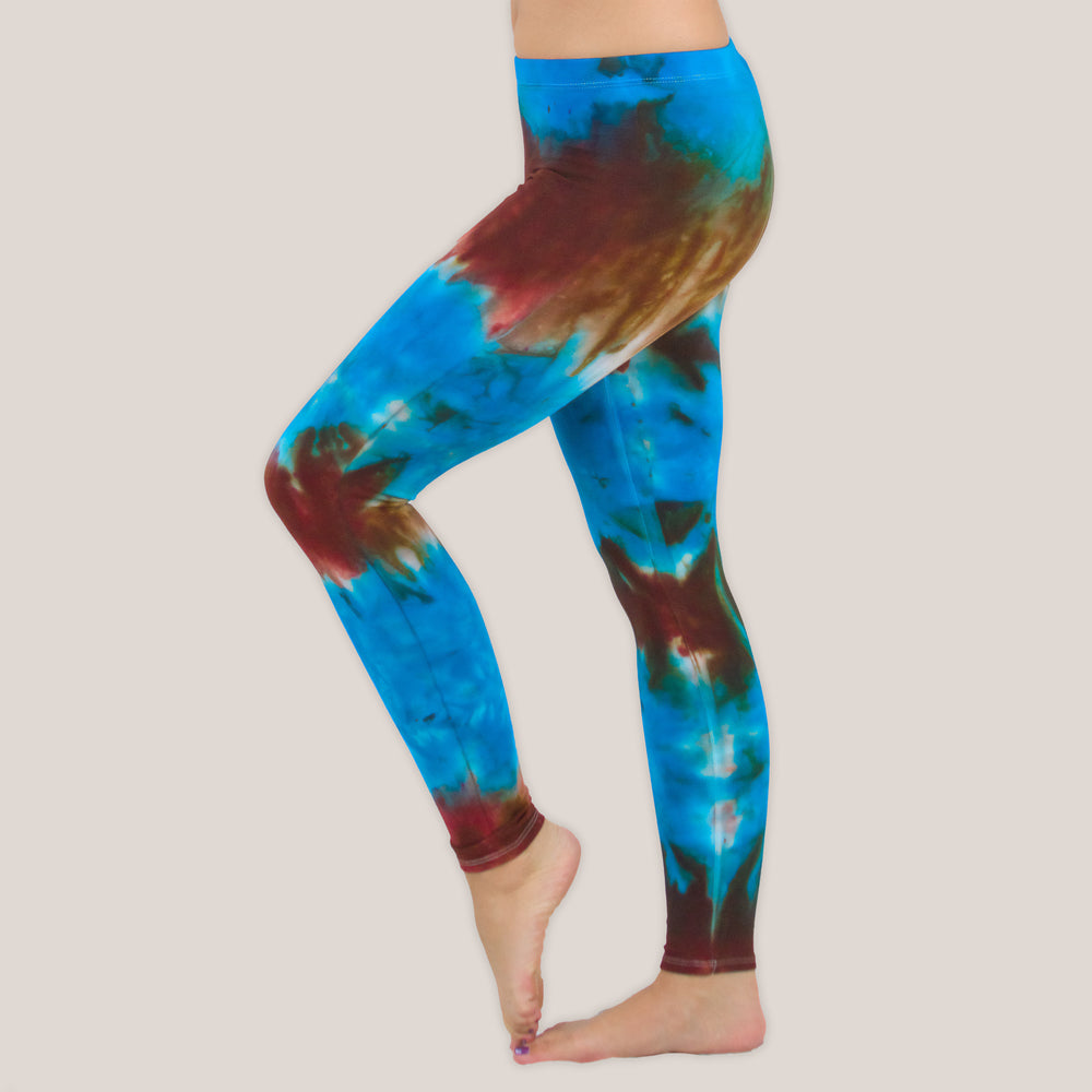 Blue and copper tie dye leggings by Akasha Sun.