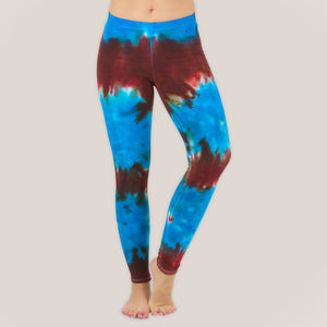 Blue and copper tie dye leggings by Akasha Sun.