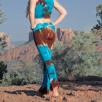 Teal and brown tie dye yoga pants with a fold over waistband by Akasha Sun.