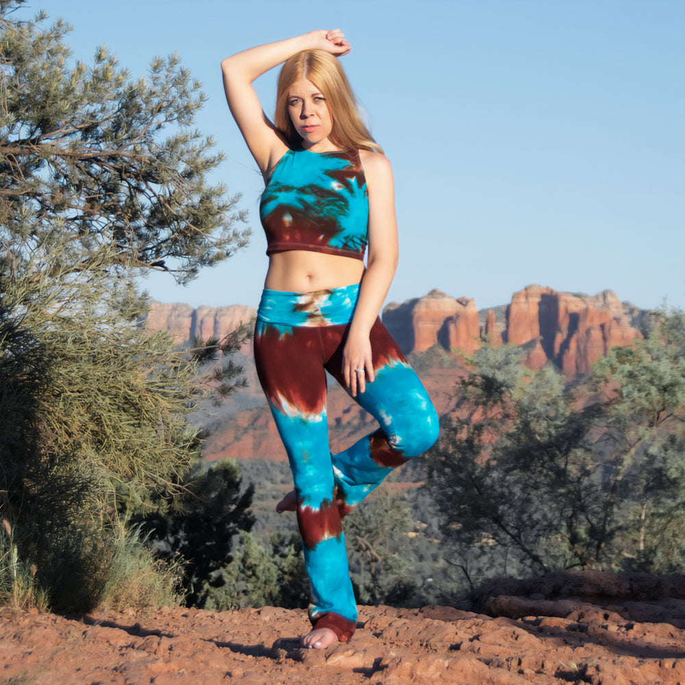 Teal and brown tie dye yoga pants with a fold over waistband by Akasha Sun.