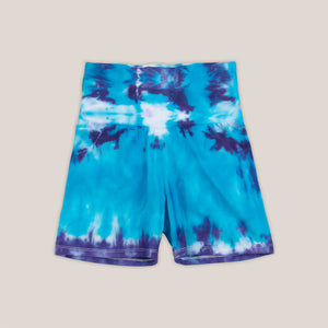 Blue tie dye wide band yoga shorts by Akasha Sun.