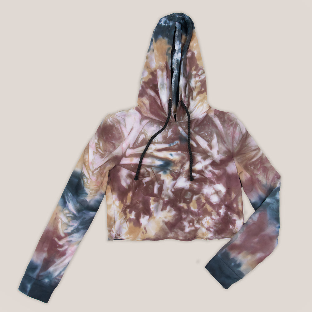 Brown and black tie dye hoodie crop top by Akasha Sun.