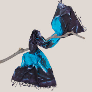 Blue and black tie dye scarf by Akasha Sun.