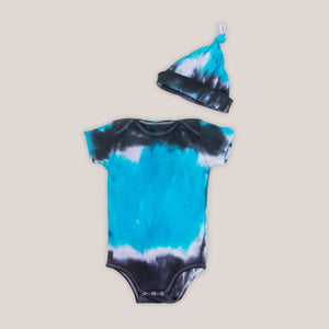 Blue and black tie dye organic cotton baby bodysuit and hat set.