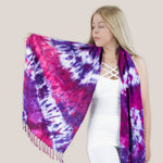 Pink + purple tie dye scarf with fringe by Akasha Sun.