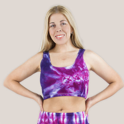 Purple + pink tie dye crop tank by Akasha Sun.