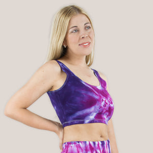 Purple + pink tie dye crop tank by Akasha Sun.