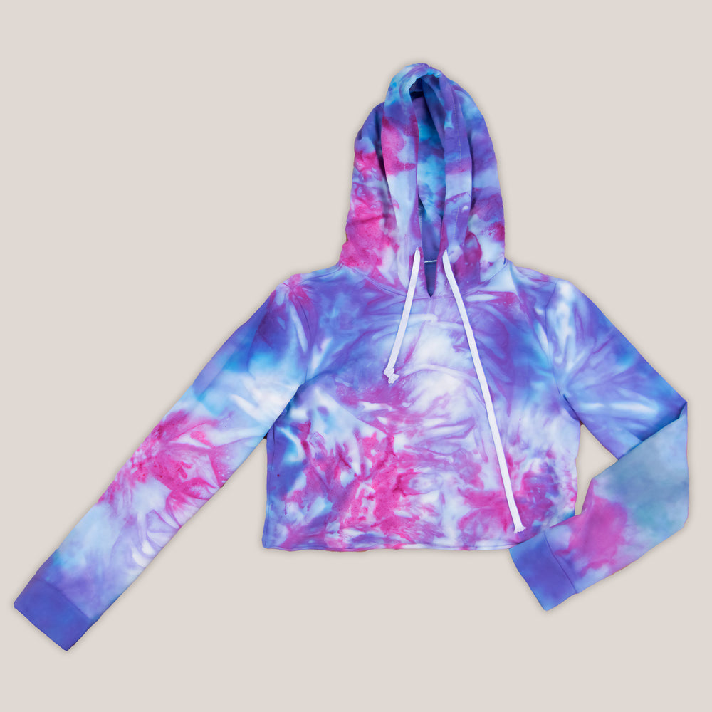 Purple and pink tie dye hoodie crop top by Akasha Sun.