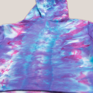 Purple and pink tie dye hoodie crop top by Akasha Sun.