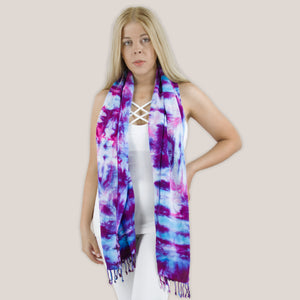 Purple tie dye scarf with fringe by Akasha Sun.