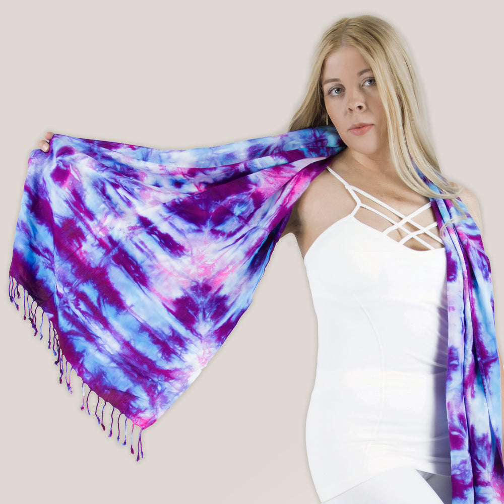 Purple tie dye scarf with fringe by Akasha Sun.