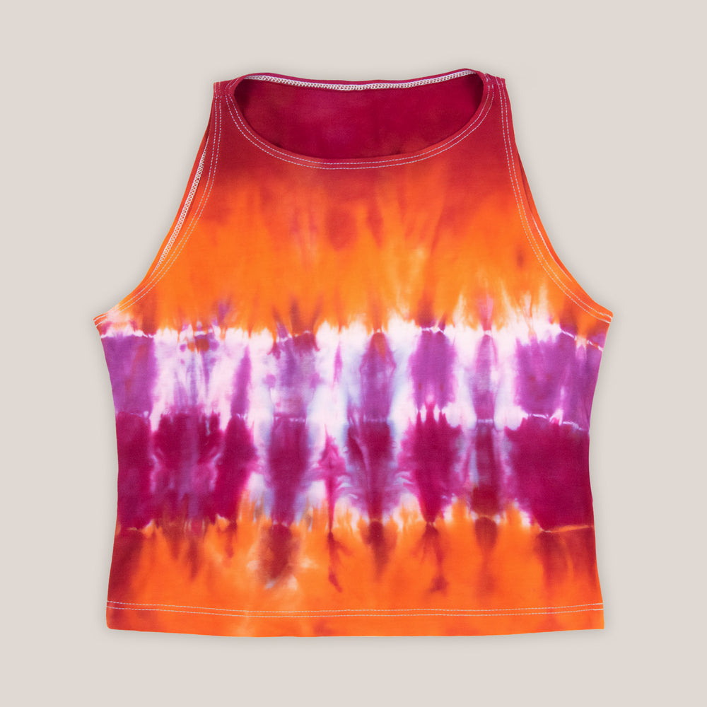 Orange + purple tie dye crop top by Akasha Sun.