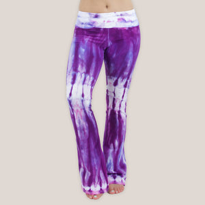 Purple tie dye yoga pants with wide waistband by Akasha Sun.