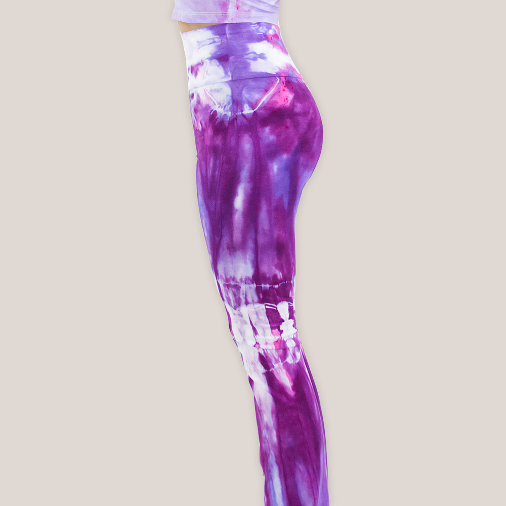 Purple tie dye yoga pants with wide waistband by Akasha Sun.