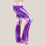 Purple tie dye yoga pants with wide waistband by Akasha Sun.