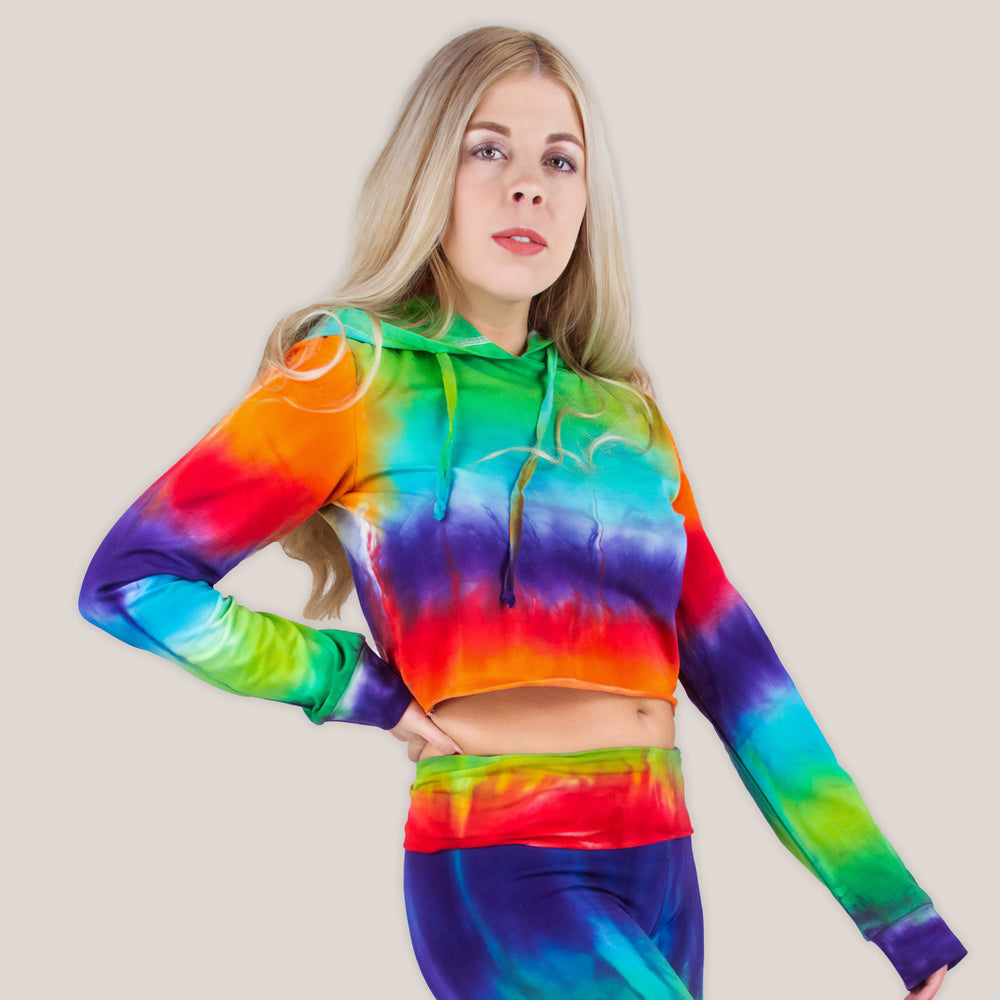 Rainbow Tie Dye Crop Top with a hoodie, drawstrings, and long sleeves.