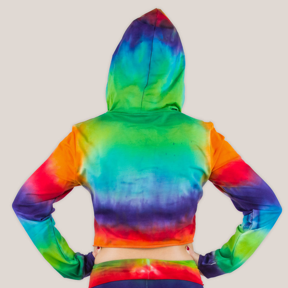 Rainbow Tie Dye Crop Top with a hoodie, drawstrings, and long sleeves.