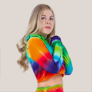 Rainbow Tie Dye Crop Top with a hoodie, drawstrings, and long sleeves.