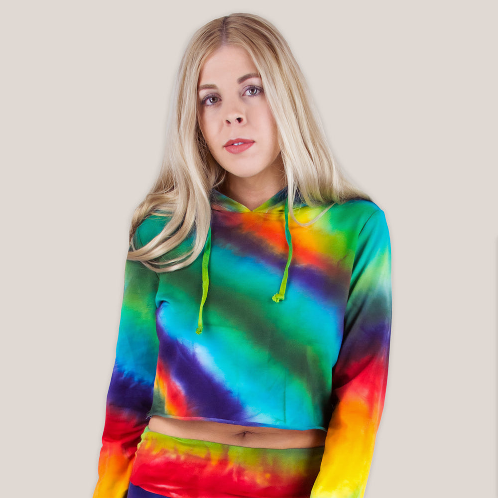 Rainbow Tie Dye Crop Top with a hoodie, drawstrings, and long sleeves.