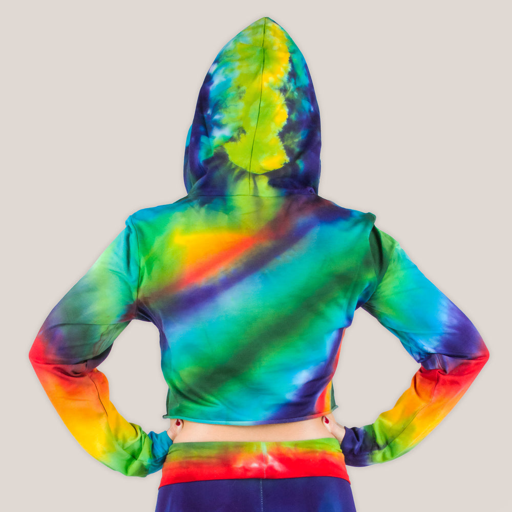 Rainbow Tie Dye Crop Top with a hoodie, drawstrings, and long sleeves.