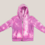 Pink tie dye baby jacket with a soft fleece interior, hood, and pockets.