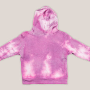 Pink tie dye baby jacket with a soft fleece interior, hood, and pockets.