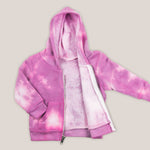 Pink tie dye baby jacket with a soft fleece interior, hood, and pockets.