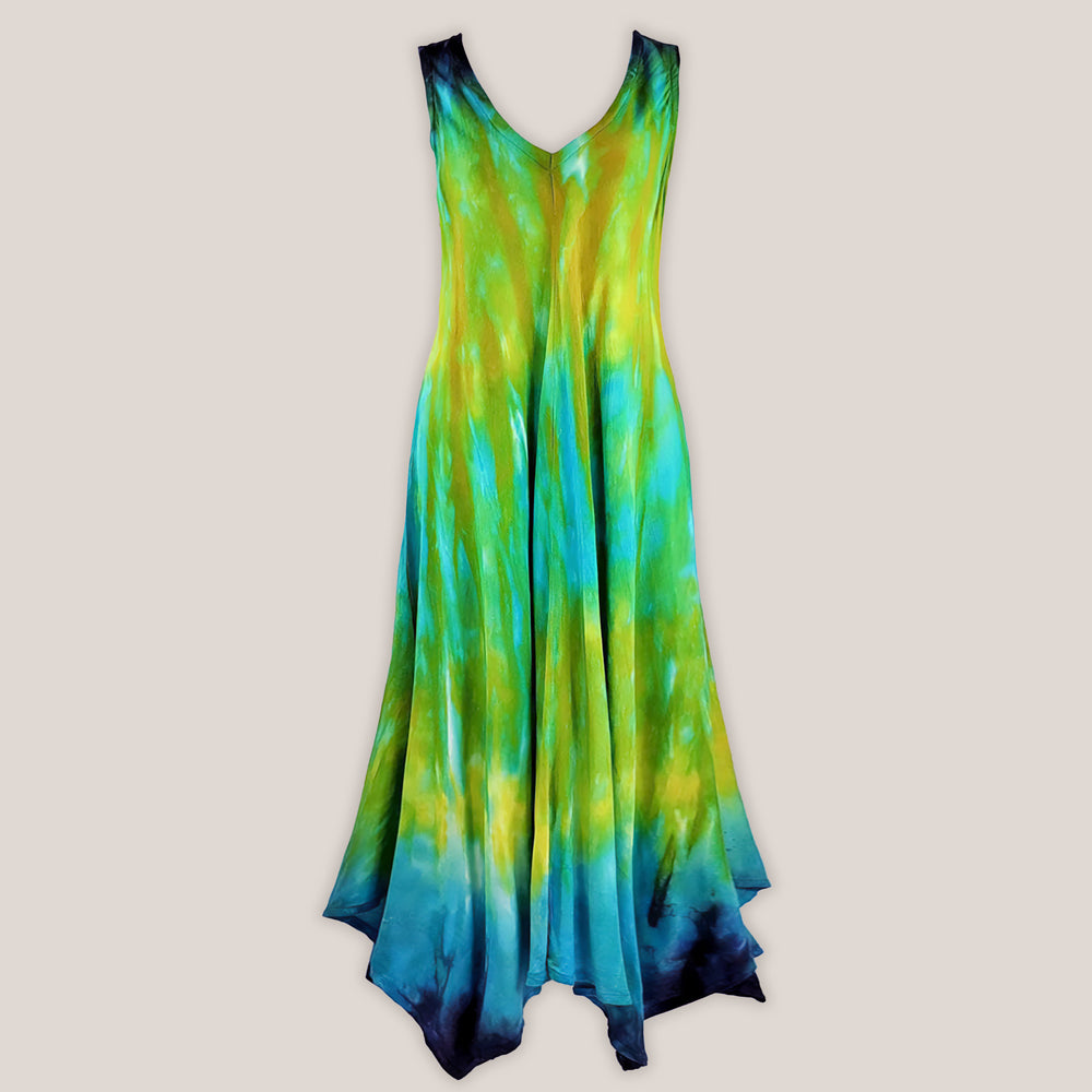 Teal, green, and navy blue tie dye dress by Akasha Sun