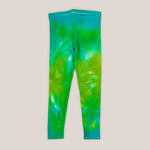 Green and blue tie dye yoga leggings by Akasha Sun.