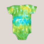 Green and aqua tie dye organic baby bodysuit.