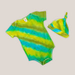 Green and blue tie dye organic cotton baby bodysuit and hat set by Akasha Sun.