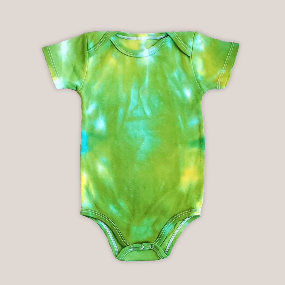 Green and aqua tie dye organic baby bodysuit.