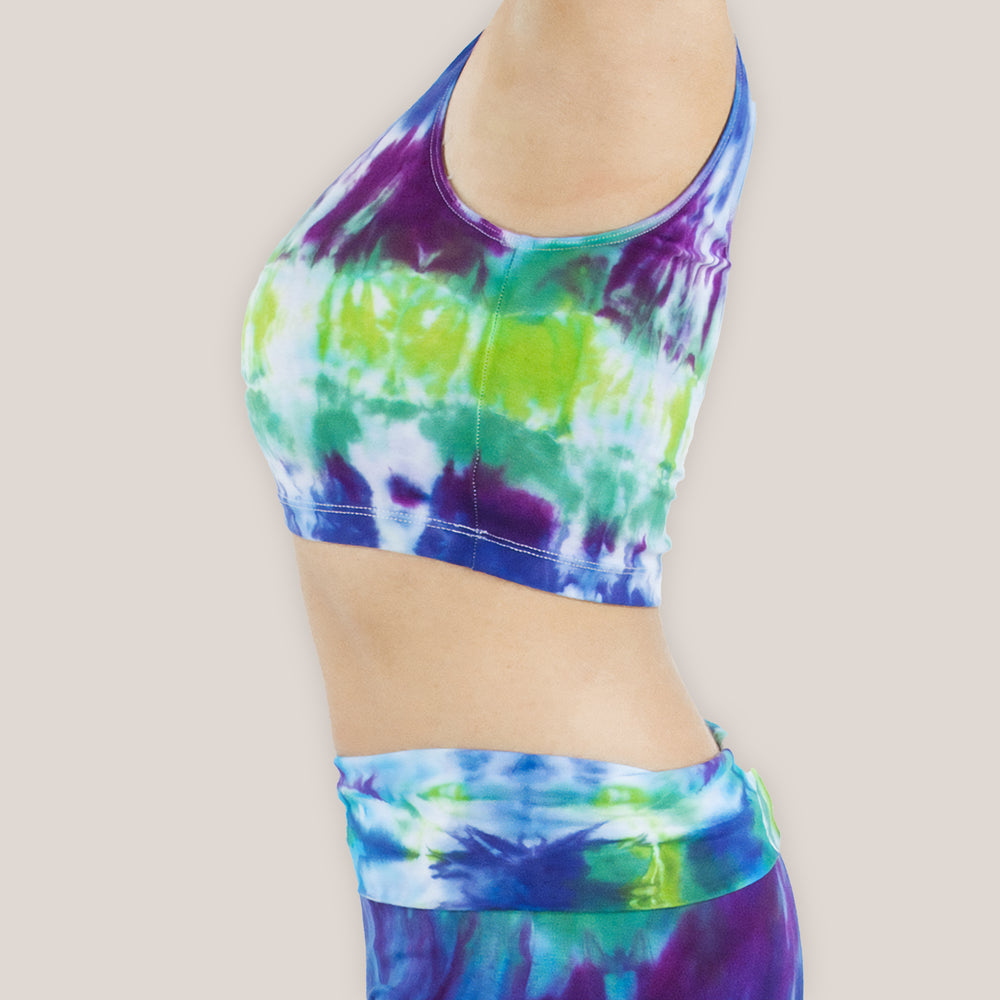 Blue, purple, and green tie dye crop tank by Akasha Sun.