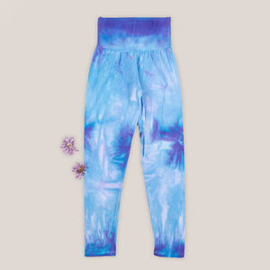 Blue and purple tie dye yoga leggings with wide waistband by Akasha Sun.