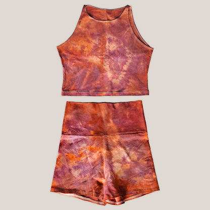 Tie-dye crop top and shorts set on a beige background