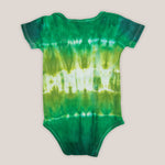 Green tie dye organic baby set that includes a onesie and baby hat.